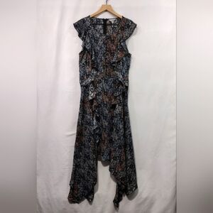 Belle & Sky Floral Ruffle Sleeve Handkerchief Hem Dress Women's L Black Retro